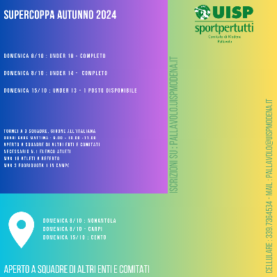 Supercoppa Autunno al Via - Domenica 8/10 U18 e U14 a Nonantola e Carpi
